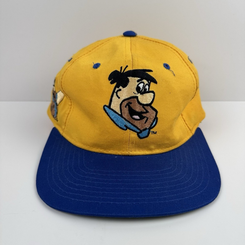 Vintage 90s Fred Flintstone‎ Blockhead Snapback American Needle Hat Yellow Blue